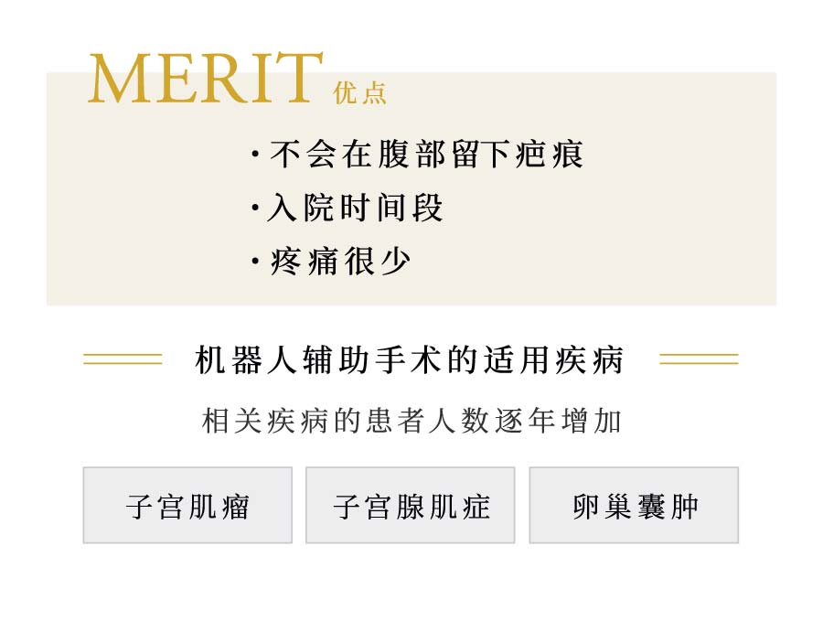 优点 不会在腹部留下疤痕 入院时间段 疼痛很少 机器人辅助手术的适用疾病 相关疾病的患者人数逐年增加 子宫肌瘤 子宫腺肌症 卵巢囊肿